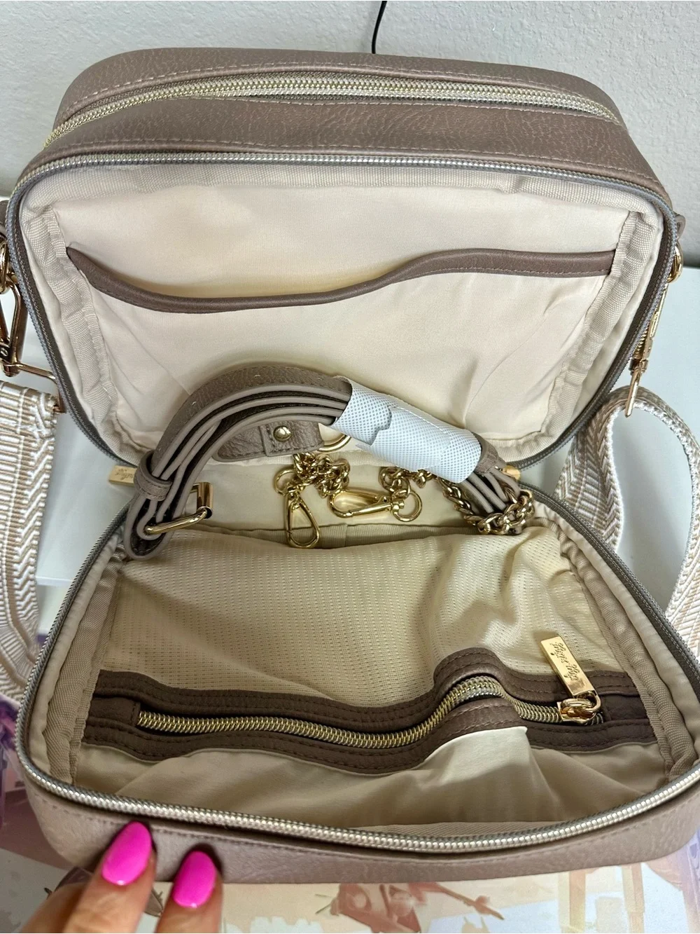 Itzy Ritzy Quilted Crossbody Bag in Taupe with Woven Strap